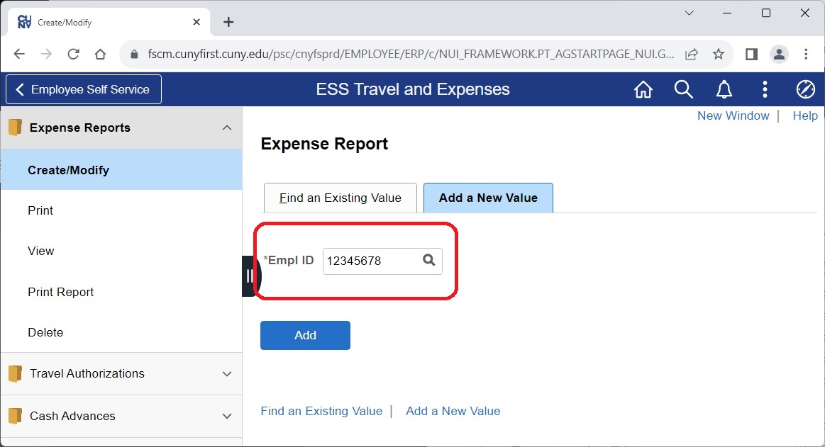 EmplID is under ESS Travel and Expenses in the Employee Self Service